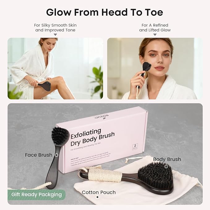 eaxun Bamboo Dry Brushing Set with Body and Face Brush, Dry Scrub Brush with Exfoliating Natural Boar Bristle for Lymphatic Drainage, Cellulite Reduction, Blood Circulation and Glowing Skin, 2 Pack