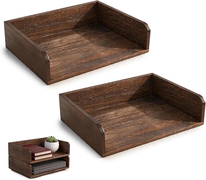 Wooden Desk Organizer, 2-Tier Stackable Wood Inbox Tray for Office, Home & School