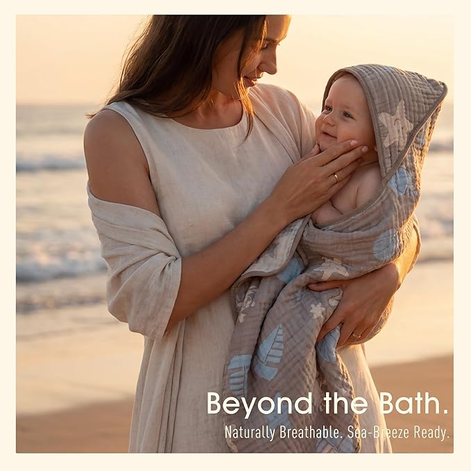 Ultra-Soft Muslin Baby Hooded Towel - 32 x 32 Inches, Ideal for Bath & Beach, Suitable for Both Boys & Girls from Newborns to Toddlers（Ocean Coffee