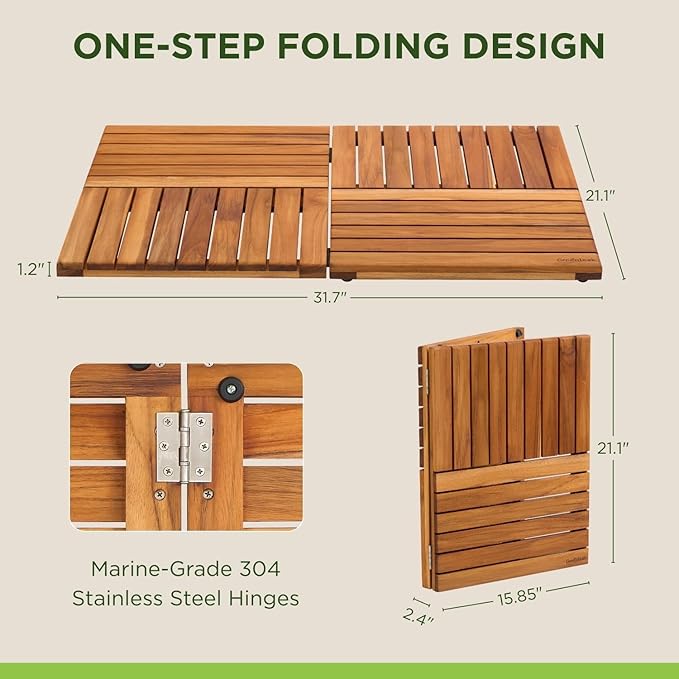 Premium 32"x21" Solid Teak Shower Mat, Extra Large Foldable Teak Bath Mat, Fast-Drain Slatted Design, Non-Slip Feet, Quick Dry for Bathroom, Door, Sauna, Indoor & Outdoor, 385 Lbs Capacity
