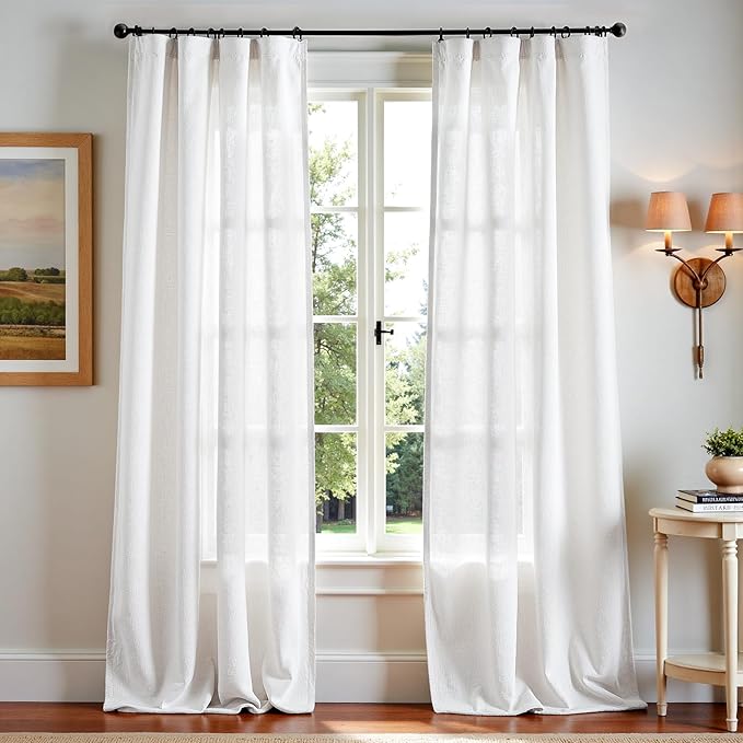jinchan Linen Blend Curtains 108 inch Extra Long 2 Panels for Bedroom Living Room, Light Filtering 50 inch Wide Farmhouse Drapes with Rod Pocket Back Tab(50W x 108L, Off White)