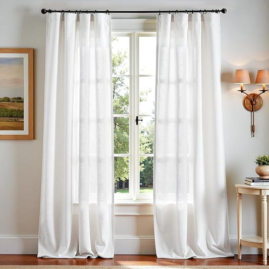 jinchan Linen Blend Curtains 108 inch Extra Long 2 Panels for Bedroom Living Room, Light Filtering 50 inch Wide Farmhouse Drapes with Rod Pocket Back Tab(50W x 108L, Off White)