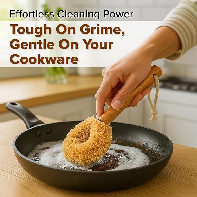 Coconut Fiber Dish Brush with Handle – Natural Dish Scrubber Brush for Kitchen Sink & Pots – Eco-Friendly Dish Cleaning Brush with Built-in Scraper, Sink Scrubber, and pan Cleaning Brush