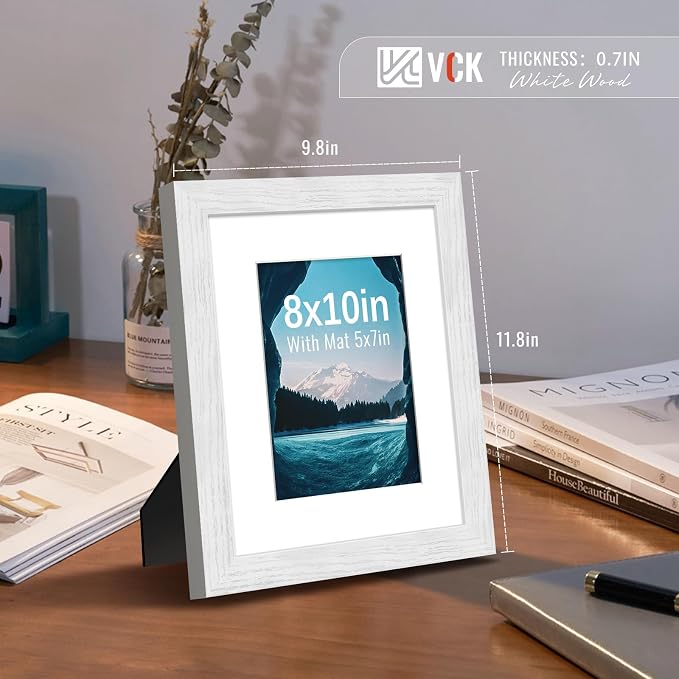 VCK 8x10 Picture Frames White 3 Pack, Wide Border Wood, Tempered Glass, Display 5x7 Photo with Mat or 8 x 10 without, for Home, Office, Gallery, Woodgrain Series, Tabletop & Wall Hanging
