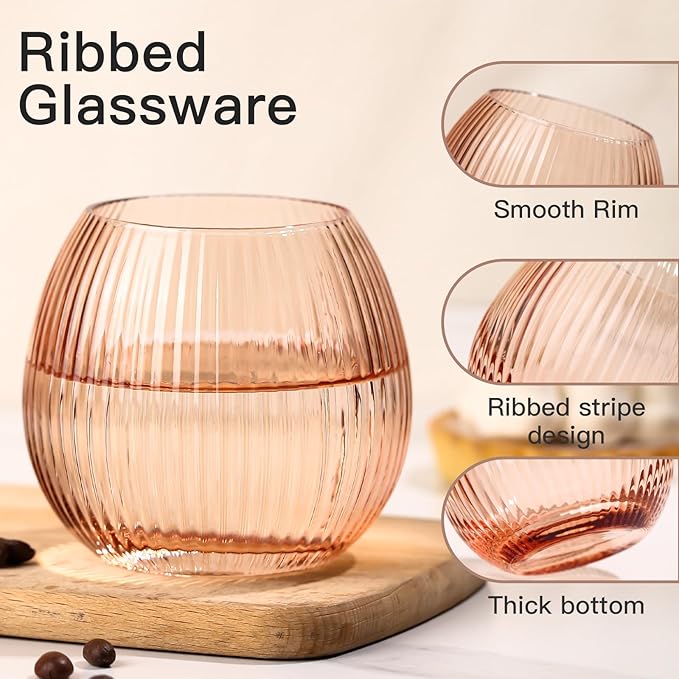 JOVGANK Venus Ribbed Drinking Glasses Set of 6-10.8 OZ Stemless Wine Champagne Whiskey Cocktail Glass, Reusable Wine Cups for Home Party Wedding Bar