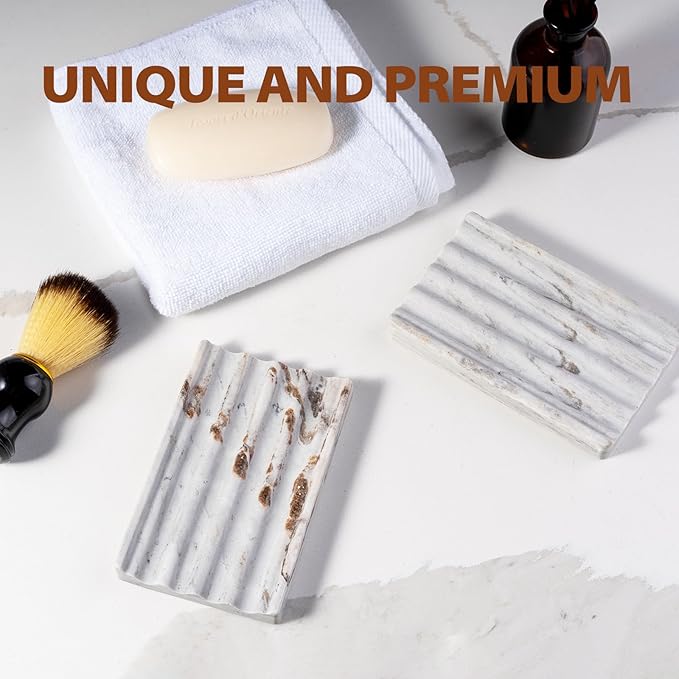 Karibiber Soap Holder, Marble Soap Dish for Shower, Bar Soaps Holder with Water Ripple Design, Easy Cleaning Soaps Saver for Kitchen Sink，Bathroom, Executive Indian Natural Stone Soap Tray