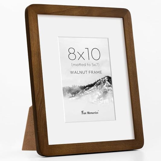 Fun Memories 8x10 Picture Frame - Solid Walnut Wood Frame with Real Glass, 8x10 Photo Frame Matted to 5x7 for Wall & Tabletop Display, Natural Walnut
