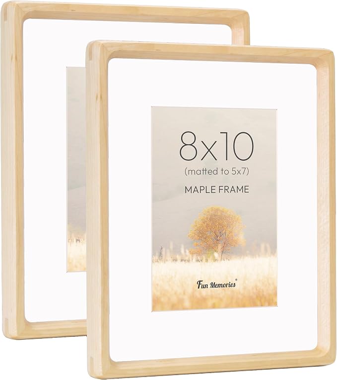 8x10 Picture Frame Set of 2, USA-Sourced Maple Wood Photo Frame with HD Tempered Glass, Handcrafted Rounded Corner 8 x 10 Wooden Frames Matted to 5x7 Photos, 8x10 Frames, Tabletop or Wall Display
