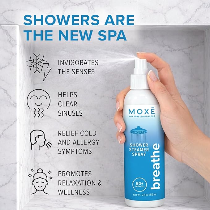 MOXĒ Shower Steamer Spray Breathe Essential Oil Shower Spray – Relaxing Aromatherapy Mist for Home Spa Experience – Pure Plant Based Fragrance for Daily Routine – 1 Pack, 2oz