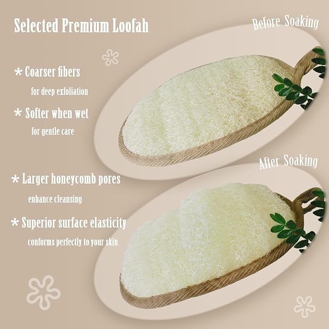 Natural Loofah Sponge for Women & Men, Made with Eco-Friendly Egyptian Luffa, Plastic-Free Bath Sponge for Exfoliating Dead Skin, Lightly Abrasive Natural Loofah Body Scrubber for Shower
