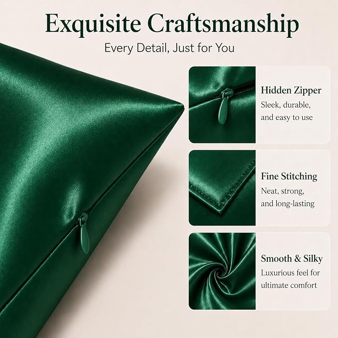 Green Silk Pillow Cases Made in USA, Oeko-TEX Certified 22 Momme Mulberry Silk Pillowcase for Hair and Skin Standard Size with Zipper, Anti Wrinkle,1 Pcs 20"x26" (Standard, Emerald)