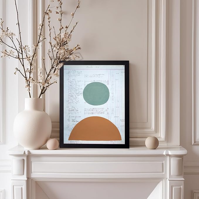 Monem Art Vintage Ledger Abstract Geometric Print - Modernist Teal and Ochre Art Poster - Wall Decor for Office, Living Room or Studio - 8x10 Black Framed Wall Art by Renee Stramel