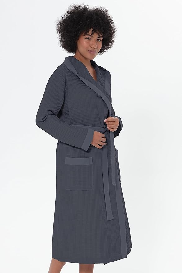 SEYANTE Women's Organic Cotton Waffle Kimono, Hooded Robe – GOTS Certified Lightweight Full-Length Spa Bathrobe with Piping