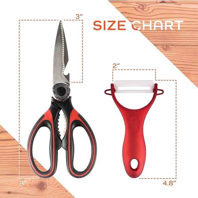 BambooMN Bamboo Cutting Board - 13" x 9" x 0.40" w/Kitchen Scissors Set (Scissor & Peeler) - Red & Black - 10 Sets
