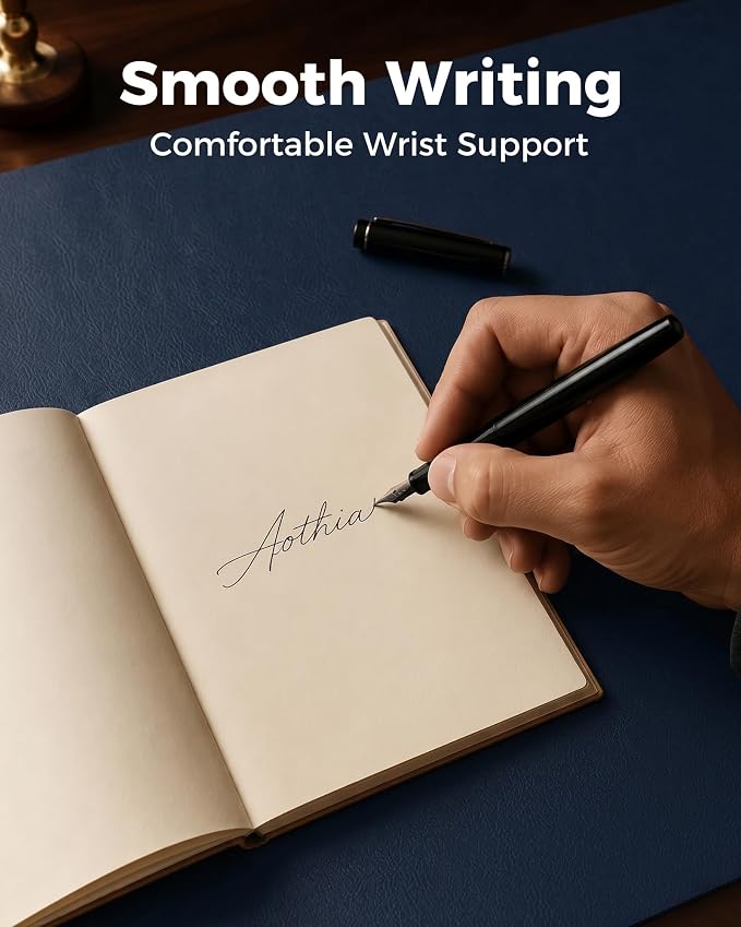Aothia Dual-Sided Desk Mat, FSC Cork & PU Leather Desk Pad, Large Mouse Pad & Writing Surface for Compact Workspace, Non-Slip Waterproof Desk Protector - 25.6" x 13.7", Dark Blue