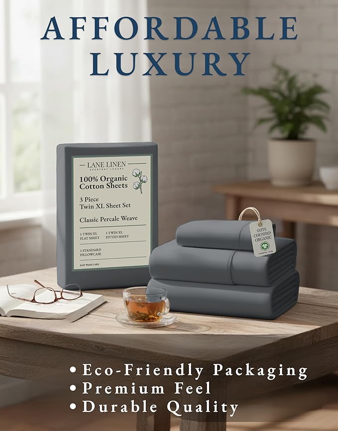 LANE LINEN 100% Organic Cotton Twin XL Sheets Set, Hotel Like Crisp Percale Low Pill Fade Resistant Reinforsed Seam Cotton Sheets, Perfect for Hospital Bed & Dorm Room Extra Long Twin- Charcoal