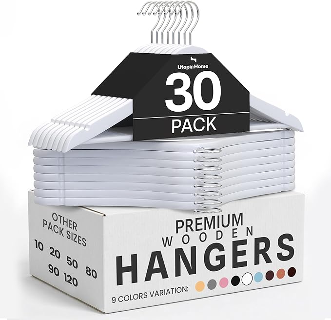 Utopia Home Premium Wooden Hangers 30 Pack - Durable & Slim Coat Hanger - Suit Hangers with 360-Degree Rotatable Hook - Wood Hangers with Shoulder Grooves (White Color)