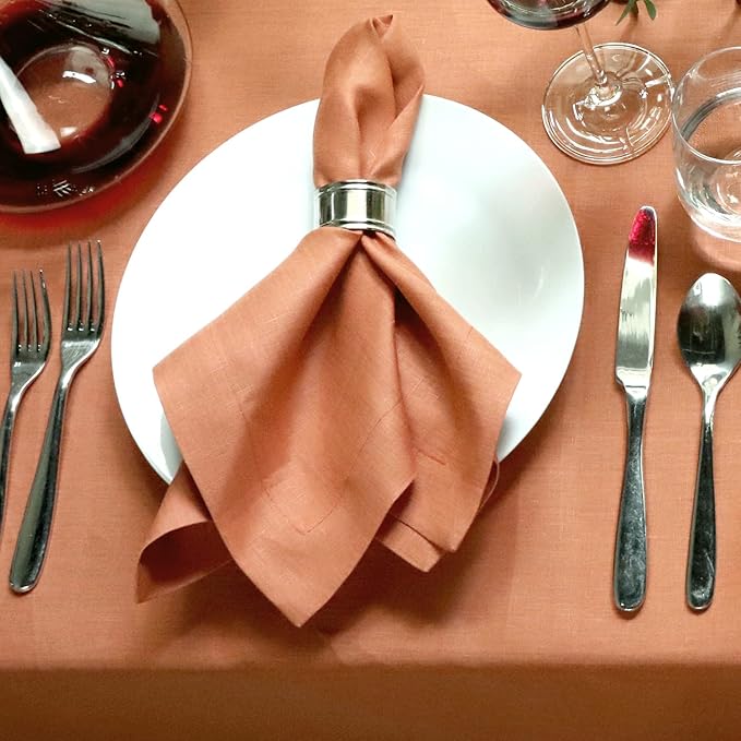 Huddleson Sienna Rust Orange Linen Napkin 20x20 (Set of Four) Luxury Italian Linen Napkin Sewn in US