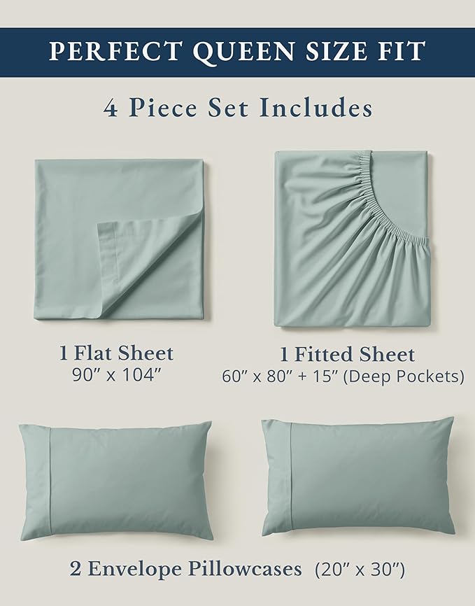 LANE LINEN 100% Organic Cotton Eco Friendly Sustainably Produced Queen Sheets Set, Low Pill Fade Resistant Machine Wash Fully Elasticized Cotton Bedding Queen Set- French Blue