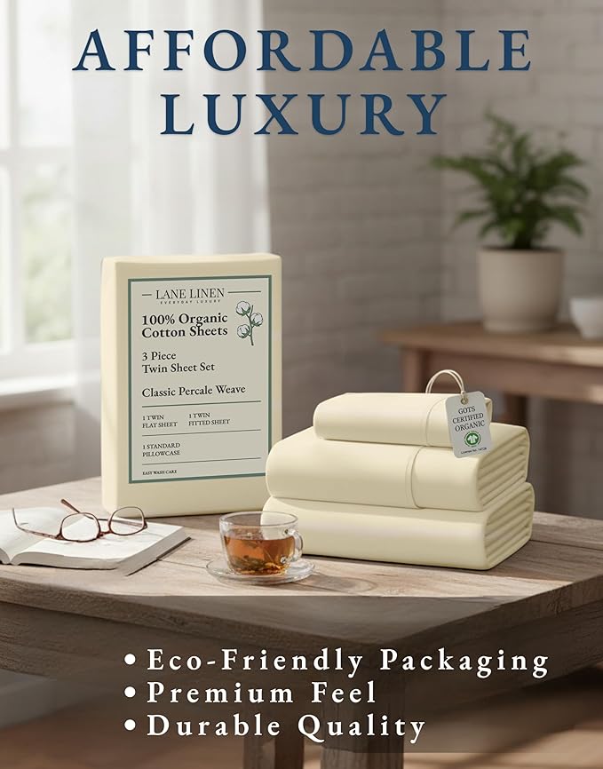LANE LINEN 100% Organic Cotton Twin Bed Sheet Set, 3 Pc Twin Size Bed Sheets, Soft & Breathable Twin Sheet Set Boys, Hotel Style Bedding Sheets & Pillowcases, 15" Deep Fitted Sheet - Natural