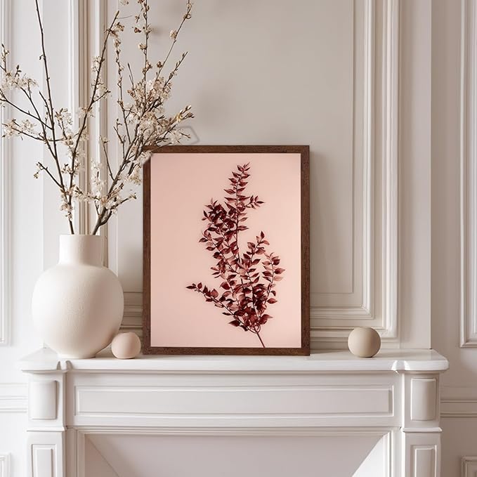 Monem Art Dried Red Botanical Branch Print - Minimalist Boho Nature Poster - Wall Decor for Living Room, Bedroom or Office - 12x16 Brown Framed Wall Art by Mareike Bohmer