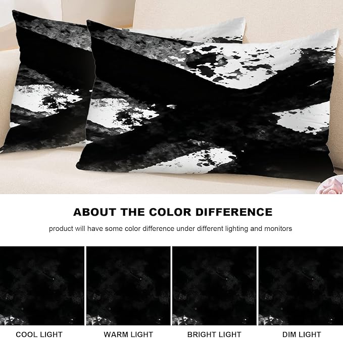 Shrahala Ink Black Hand Painted Decorative Throw Pillow Cover, Graphic White Brush Stroke Lumbar Pillowcase Blended Double-Sided No Inserts for Bedroom Living Room Set of 2 (12 X 20 in)