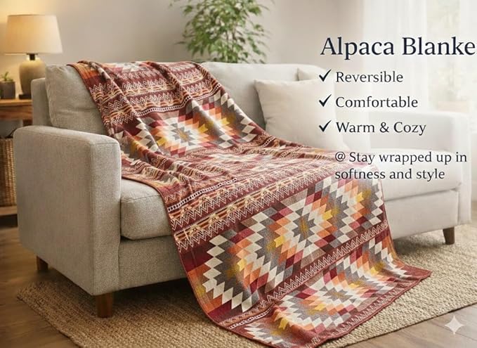 Alpaca Wool Blanket Queen 94x78 in | Ultra Soft, Non-Itchy & Breathable | Premium Alpaca Blanket | Warm, Hypoallergenic Natural Fiber | Handmade Luxury Throw for Bed or Sofa (Brown and Orange)