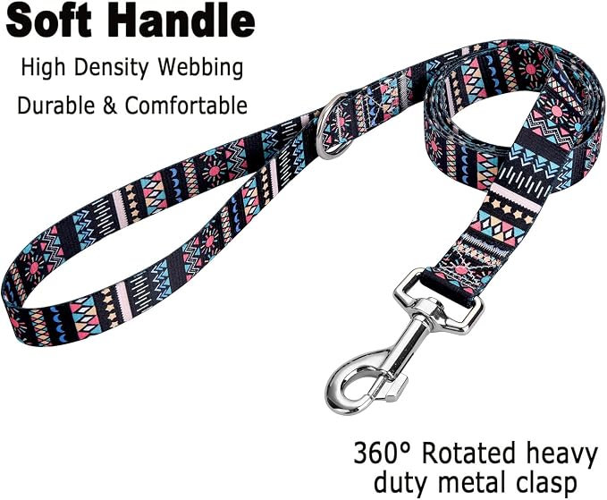 MarukoPet Dog Collar and Leash Set, Adjustable for Small Medium Large Dogs Puppy, Cute Design with Bohemia Floral Tribal Geometric Patterns Boys Girls Dog Collar(Black Bohemia Set,L)