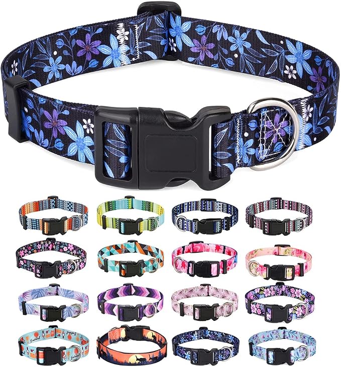 Mihqy Dog Collar with Bohemia Floral Tribal Geometric Patterns - Soft Ethnic Style Collar Adjustable for Small Medium Large Dogs(Floral Blue,L)