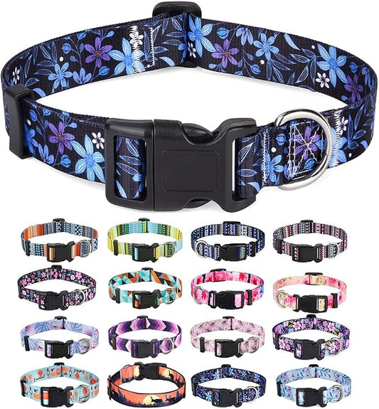 Mihqy Dog Collar with Bohemia Floral Tribal Geometric Patterns - Soft Ethnic Style Collar Adjustable for Small Medium Large Dogs(Floral Blue,L)