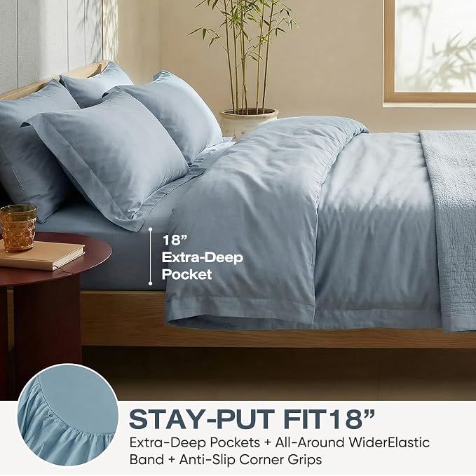 Real 100% Viscose Derived from Bamboo Sheets Set Queen Size, Cooling & Silky Soft for Hot Sleeper, Luxury with Breathable & Moisture Wicking Fabric, 18" Deep Pocket with Corner Straps(Sterling Blue,Q)
