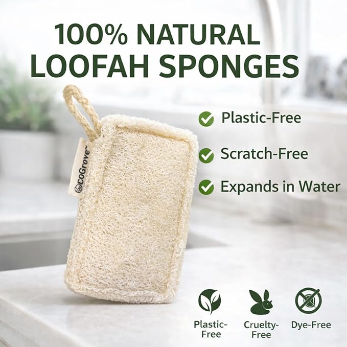 Natural Loofah Dish Sponges 4 Pack – 100% Plant-Based Luffa Scrubber for Dishes, Pots & Nonstick Pans – Compostable, Non-Scratch Kitchen Sponge for Sink, Tile & Everyday Cleaning