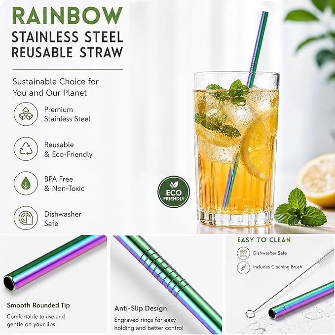 16 Pack Rainbow Stainless Steel Straws for 20 oz Tumblers, 8 Straight and 8 Bent Reusable Metal Straws with 4 Cleaning Brushes, Rainbow Colored, Fits Insulated Cups