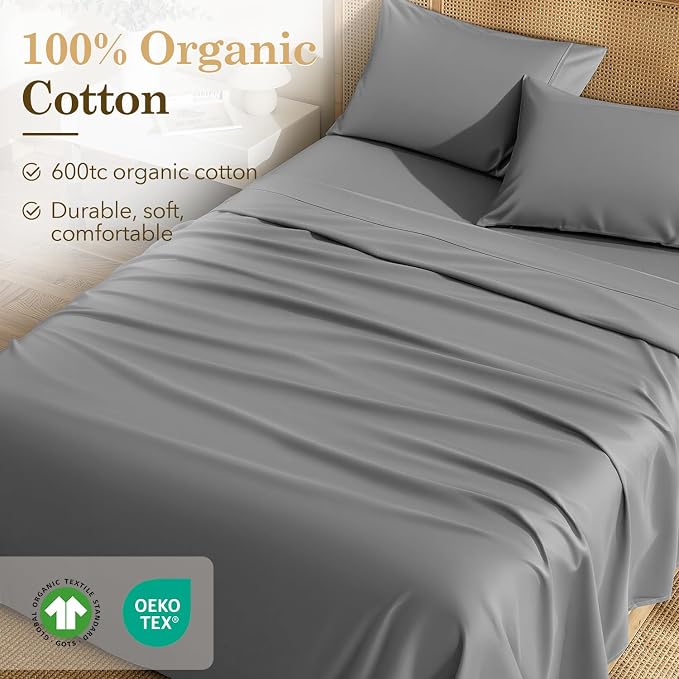 SONORO KATE 100% Organic Cotton Sheets Set - 600 Thread Count, GOTS Certified Cotton Bed Sheets, Soft, Breathable & Silky Sateen Weave Sheets, 16" Deep Pockets - 4 PC (Grey,King)
