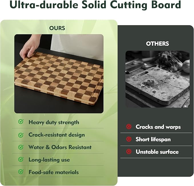 3 Pack Checkered Wood Cutting Board Set Cutting Boards for Kitchen Non Slip Acacia Wood Chopping Board with Juice Grooves & Handles Wooden Chopping Board Butcher Block End Grain