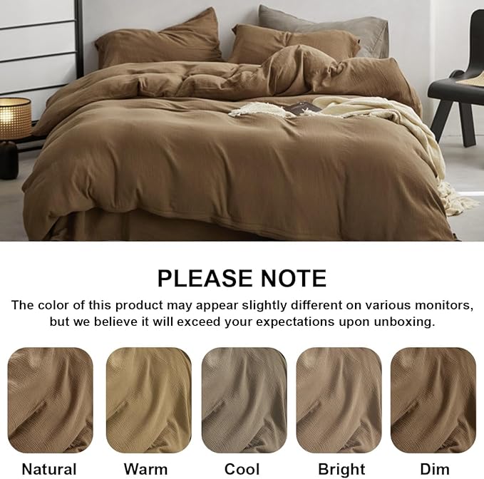 Muslin Duvet Cover Set 100% Cotton King Size,Double-Layer Linen Like Gauze Comforter Cover Brown 3 Pieces,Okeo-tex 100 Certified Duvet Cover 104"x90" with 2 Pillowcases for All Season
