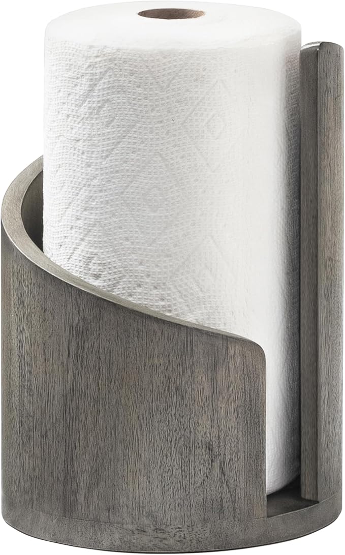 Anji Mountain Wooden Paper Towel Holder Countertop with Mango Wood Round Base and Iron Holder, Holder Stand for Kitchen Roll Organizer & Kitchen Dining Table Home Decor - Greige/Nickel, Classic