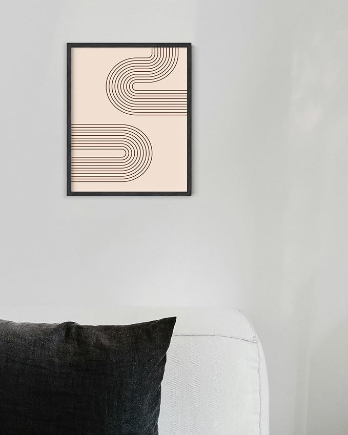 Abstract Double Wavy Arch Wall Art Minimalist S-Shape Lines Earth Tones Terracotta Brown 8x10 Inch Oak Wood Black Framed Boho Geometric Print for Modern Living Room Decor