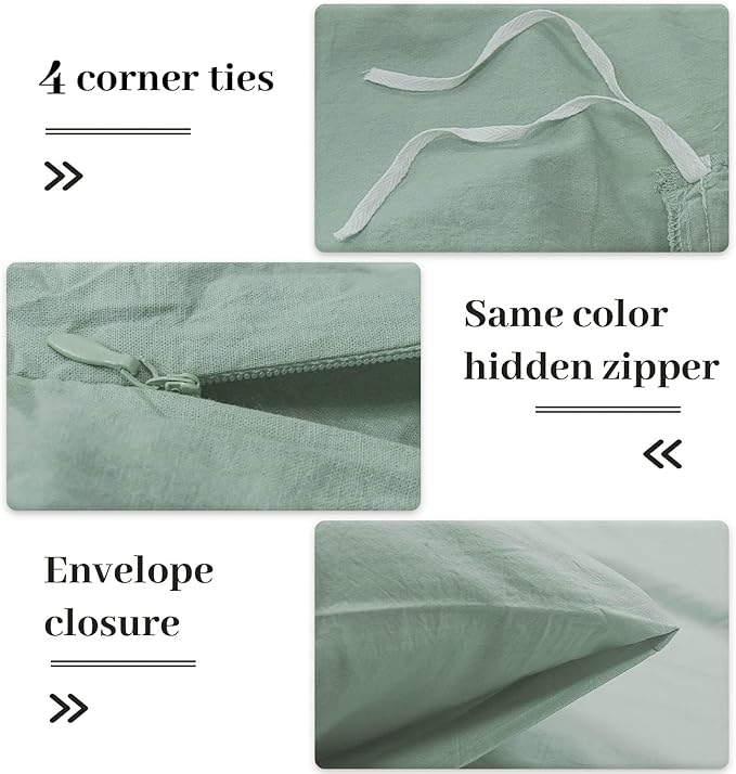 NEXHOME PRO Green Duvet Cover Set Oversized Queen 98"x98" Linen Feel Textured Organic Natural 100% Washed Cotton Duvet Cover 3 Pieces Bedding Set Zipper Closure, Breathable, Soft (No Comforter)