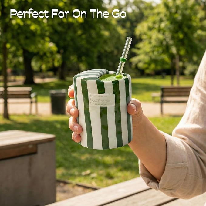 Ceramic Coffee Mug with Lid, Ceramic Travel Mug with Straw Hole, 12oz Retro Striped To Go Coffee Mug for Hot & Cold Drinks, Microwave & Dishwasher Safe，Green