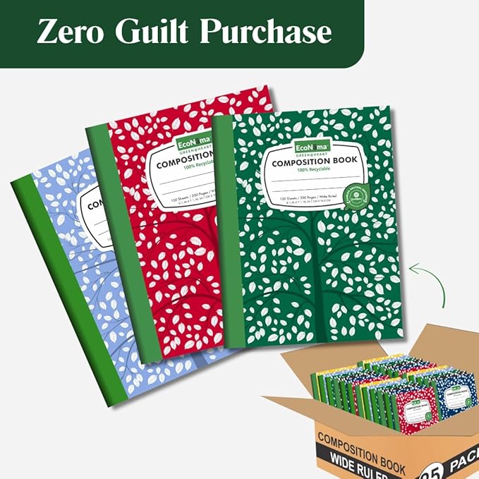 Composition Notebooks Pack of 48 Wide Ruled 200 Pages (100 Sheets) 9.75"x7.5" Carbon Neutral Recyclable Paper Eco-Friendly School & Office Supplies For Students and Professionals Assorted Color