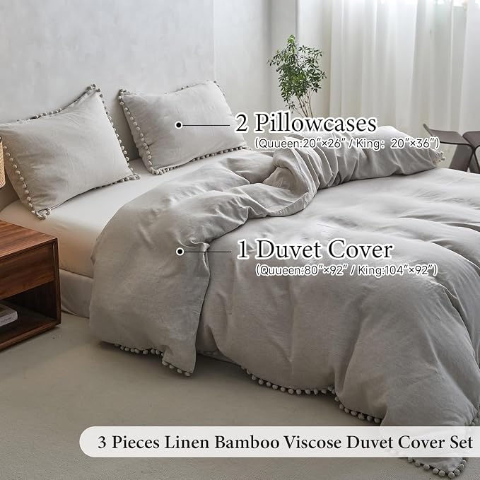 Simple&Opulence French Linen Blended Duvet Cover Queen, Flax Viscose Derived from Bamboo Bedding Set with Pom Pom Trim Soft Cooling for Hot Sleepers, 1 Boho Comforter Cover and 2 Pillow Shams, Linen