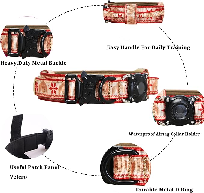 Christmas Tactical Dog Collar and Leash Set with Airtag Holder Waterproof Dog Airtag Collar with Handle Adjustable Heavy Duty Dog Collar Leash Set(Christmas Red，XL