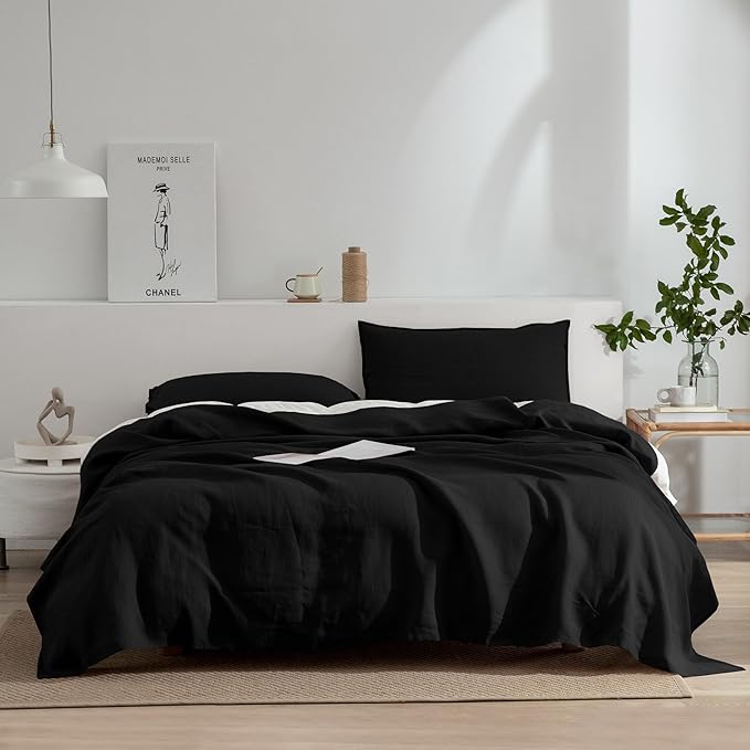 EVERLY Linen Sheets Set California King Size,100% French Washed Pure Linen Sheets Set,4Pieces(1Flat Sheet,1Fitted Sheet,2Pillowcase) Suitable for Hot Sleepers,Deep Pocket Natural Bedding Set-Black
