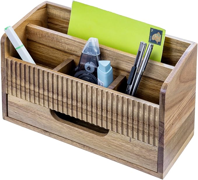 MyGift Premium Acacia Solid Wood Desk Organizer with Mail Sorter, 3 Pencil Cup Compartments & Bottom Storage Drawer, Office Supplies Organizer for Desk or Home Office