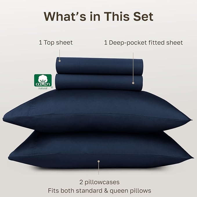 California Design Den Certified 100% Egyptian Cotton Sheets Full Size Bed Set - Soft Sateen, Deep Pockets, Full Size Sheets Set, Durable Bedding - Dark Denim Blue