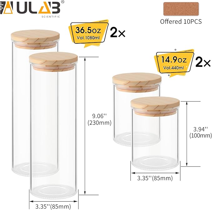 ULAB 3.5mm Thick Glass Food Container Set with Lid, 14.9 OZ &36.5 OZ Clear Storage Jar, 2 PCS of Each Size, Glass Airtight Canisters set for Cookie, Candy, Coffee Beans, USJ1003