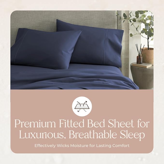 Organic Twin Fitted Sheet Only Deep Pocket - 100% Organic Cotton Sheets with Breathable 300 Thread Count Sateen Weave GOTS & Fairtrade Certified - Soft Fitted Bed Sheets Only (Navy, Twin)