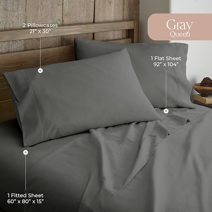 100% Organic Flannel Sheets Queen Size - GOTS Certified 100% Cotton Flannel Sheets Set with Comfortable Soft Brushed Finish & Deep Pocket - 1 Flat 1 Fitted & 2 Pillowcases (Dark Gray, Queen)