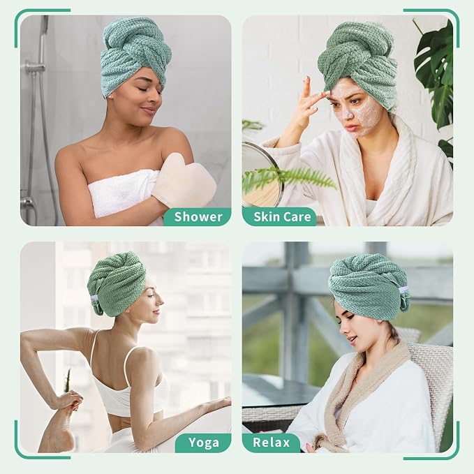 my novel things 2 Pack Extra Large Microfiber Hair Towel Wrap, 37.4" x 26.4" for Women, Super Absorbent & Quick Dry Hair Towel with Elastic Strap for Curly Hair Green Gift for Women Men Girls Friends